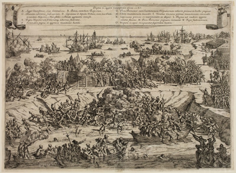 Giacinto Gimignani, Italian, 1611-1681, Battle of Covensteyn in 1585, 1647, etching printed in black ink on laid paper, Plate: 12 1/8 × 16 5/8 inches (30.8 × 42.2 cm)