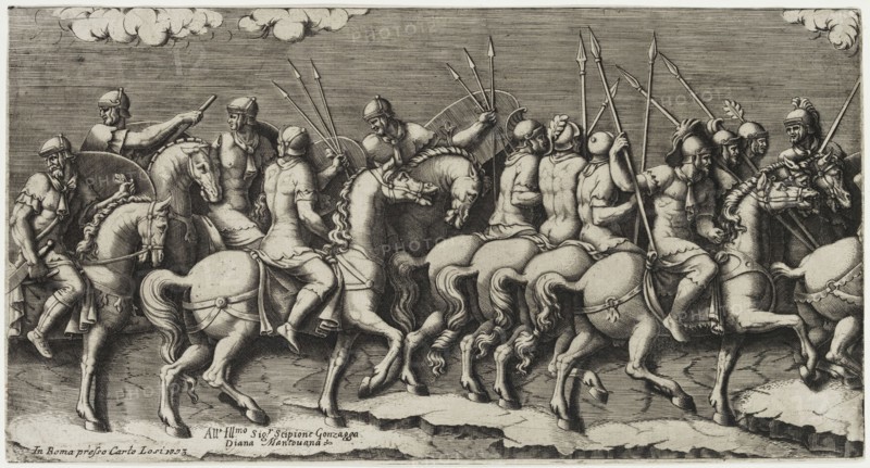 Diana Scultori, Italian, 1535-1587, after Giulio Romano, Italian, 1499-1546, March of Cavalry, 1575, engraving printed in black ink on laid paper, Sheet (trimmed within plate mark): 6 5/8 × 12 5/8 inches (16.8 × 32.1 cm)