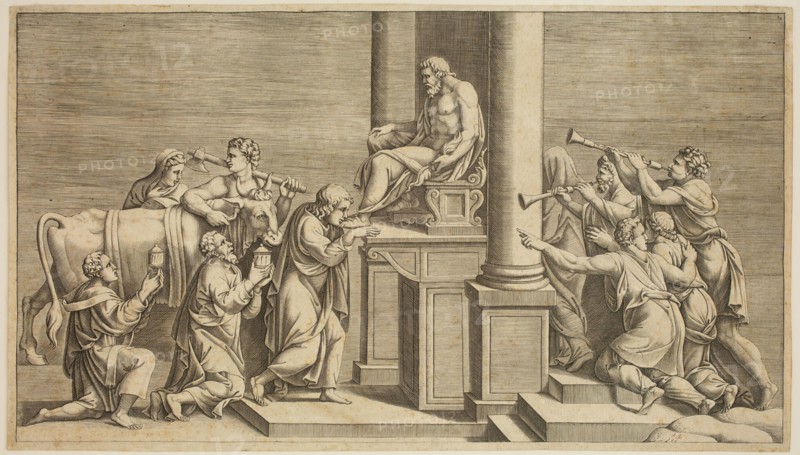 Diana Scultori, Italian, 1535-1587, after Giulio Romano, Italian, 1499-1546, Bull Offered in Sacrifice to a Statue of Jupiter, between 1535 and 1587, engraving printed in black ink on laid paper, Image: 8 1/2 × 15 3/8 inches (21.6 × 39.1 cm)