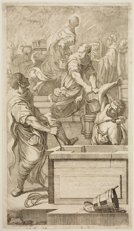 Giacomo Maria Giovannini, Italian, 1667-1717, after Lodovico Carracci, Italian, 1555-1619, Saint Benedict Subduing the Fire in the Monastery Kitchen, c. 1694, Etching and engraving printed in black on laid paper, plate: 15 x 8 1/2 in.