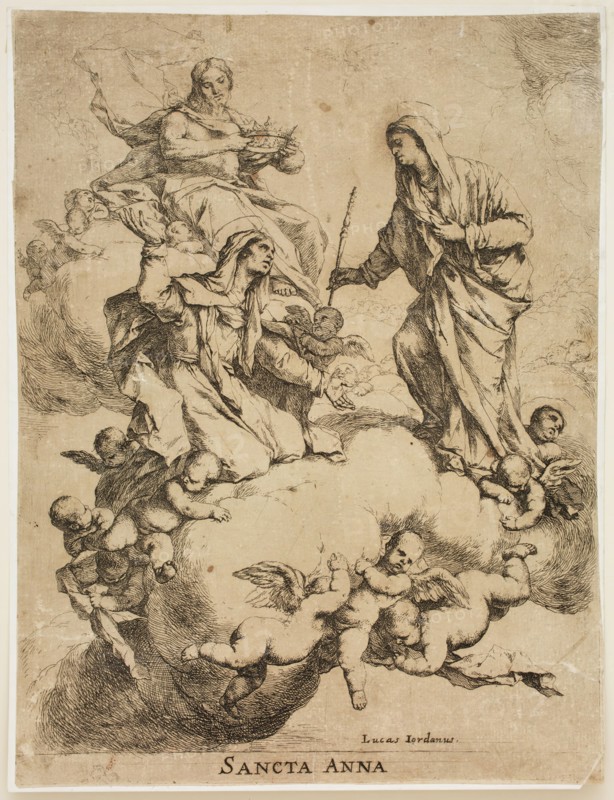 Luca Giordano, Italian, 1634-1705, Saint Anne Received into Heaven by the Holy Virgin and Jesus Christ, between 1634 and 1705, etching printed in black ink on laid paper, Sheet (trimmed within plate mark): 13 3/8 × 10 1/8 inches (34 × 25.7 cm)