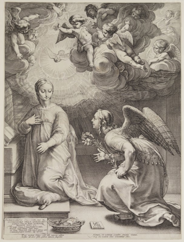Hendrick Goltzius, Dutch, 1558-1617, Annunciation, 1594, engraving printed in black ink on laid paper, Sheet (trimmed within plate mark): 18 5/8 × 13 7/8 inches (47.3 × 35.2 cm)