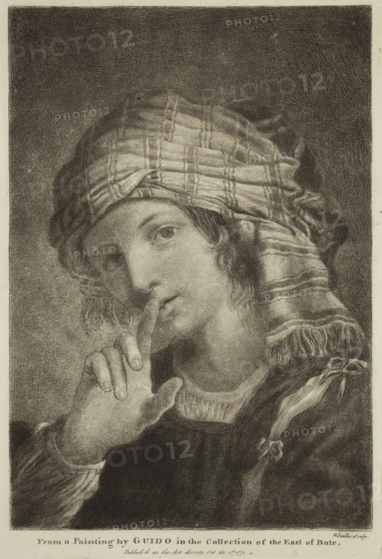 William Baillie, English, 1723-1810, after Guido Reni, Italian, 1575-1642, Girl Wearing a Turban with Her Forefinger to Her Lips, between 1723 and 1799, etching printed in black ink on wove paper, Plate: 9 × 6 1/8 inches (22.9 × 15.6 cm)