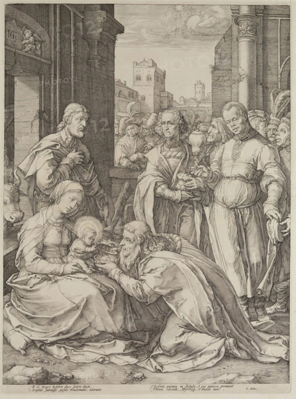 Hendrick Goltzius, Dutch, 1558-1617, Adoration of the Magi, 1593, engraving printed in black ink on laid paper, Plate: 18 7/8 × 13 7/8 inches (47.9 × 35.2 cm)