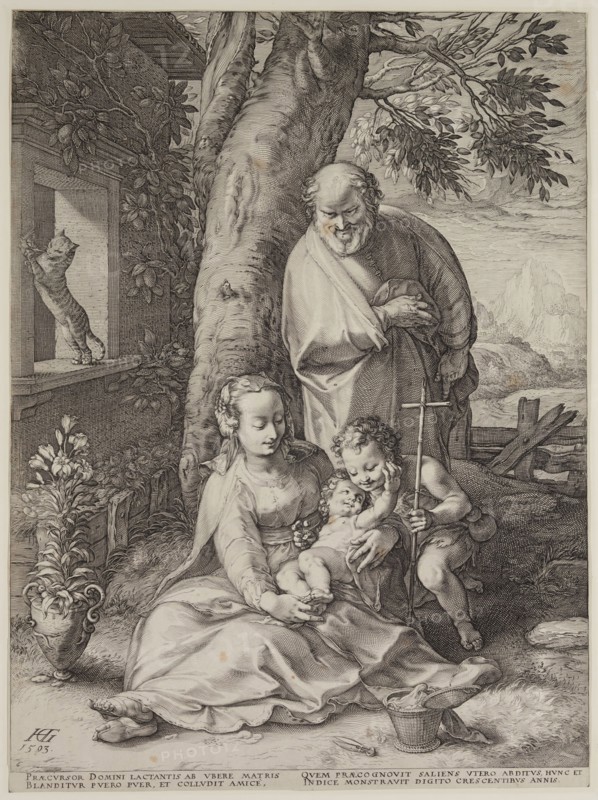 Hendrick Goltzius, Dutch, 1558-1617, Holy Family, 1593, engraving printed in black ink on laid paper, Sheet (trimmed within plate mark): 18 5/8 × 13 7/8 inches (47.3 × 35.2 cm)