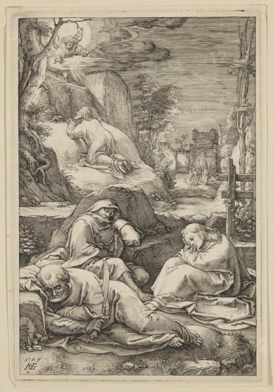 Hendrick Goltzius, Dutch, 1558-1617, Christ on the Mount of Olives, 1597, engraving printed in black ink on laid paper, Plate: 7 7/8 × 5 1/4 inches (20 × 13.3 cm)