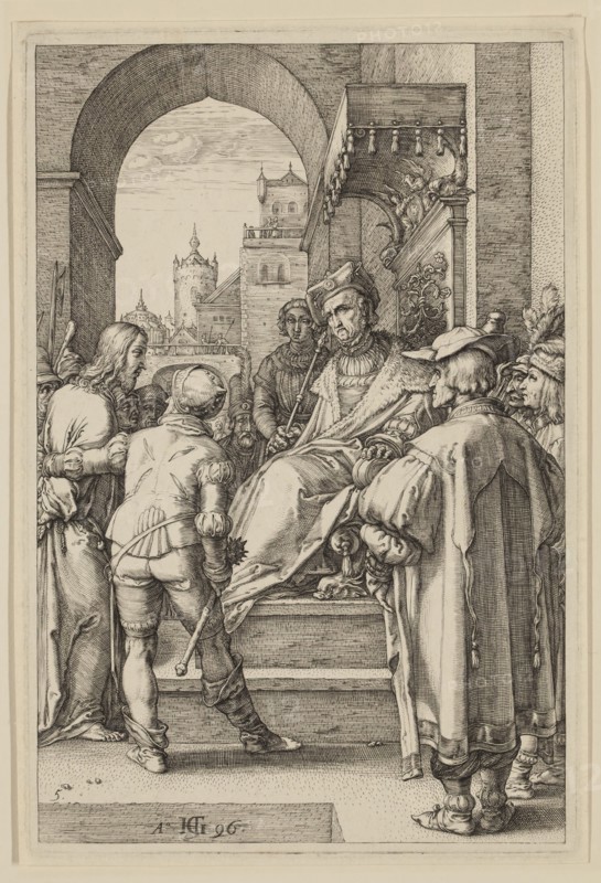 Hendrick Goltzius, Dutch, 1558-1617, Christ Before Pilate, 1596, engraving printed in black ink on laid paper, Plate: 8 × 5 1/4 inches (20.3 × 13.3 cm)