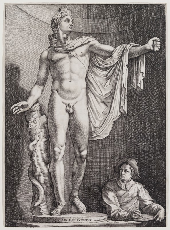 Hendrick Goltzius, Dutch, 1558-1617, Apollo Belvedere, between 1558 and 1599, engraving printed in black ink on laid paper, Sheet (trimmed within plate mark): 16 1/4 × 11 7/8 inches (41.3 × 30.2 cm)