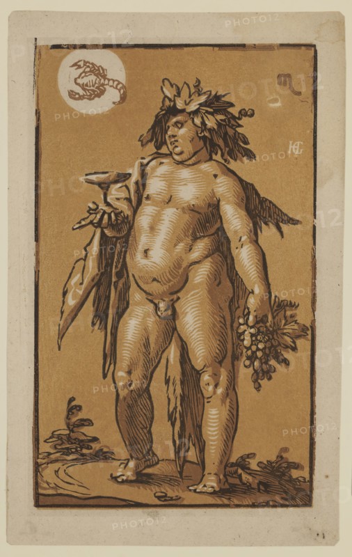 Hendrick Goltzius, Dutch, 1558-1617, Bacchus, between 1558 and 1617, chiaroscuro woodcut printed in black, brown and yellow-brown ink on laid paper, Image: 9 3/8 × 5 5/8 inches (23.8 × 14.3 cm)