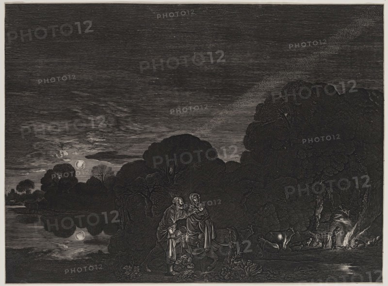 Hendrik Goudt, Dutch, 1585-1630, after Adam Elsheimer, German, 1574-1620, The Flight into Egypt, 1613, engraving and etching printed in black ink on laid (?) paper, Sheet (trimmed within plate mark): 11 5/8 × 15 3/4 inches (29.5 × 40 cm)