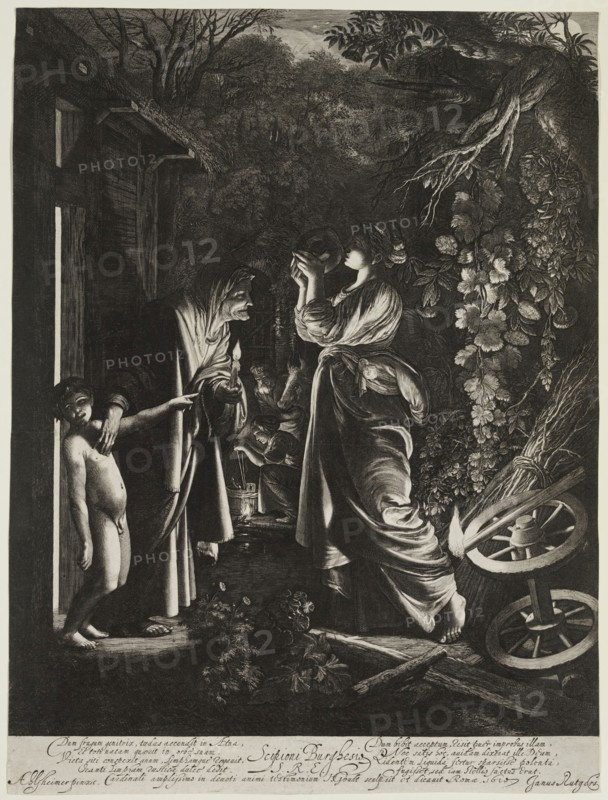 Hendrik Goudt, Dutch, 1585-1630, after Adam Elsheimer, German, 1574-1620, Ceres Seeking Her Daughter, 1610, engraving printed in black ink on laid paper, Sheet (trimmed within plate mark): 12 3/8 × 9 3/8 inches (31.4 × 23.8 cm)