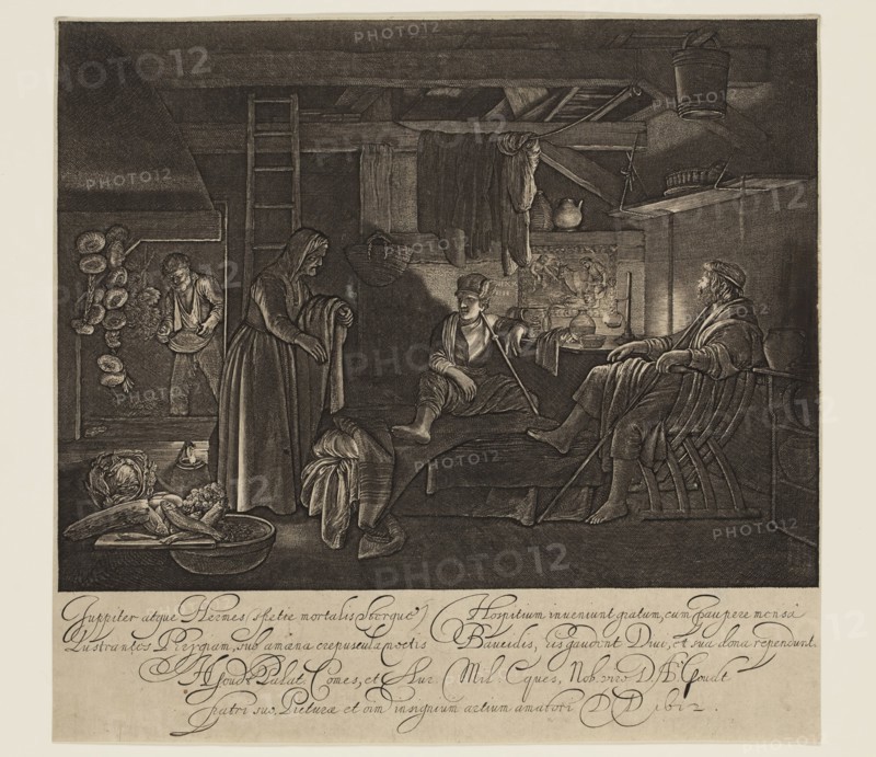 Hendrik Goudt, Dutch, 1585-1630, after Adam Elsheimer, German, 1574-1620, Jupiter and Mercury in the House of Philemon and Baucis, 1612, engraving printed in black ink on laid paper, Sheet (trimmed within plate mark): 8 1/8 × 8 5/8 inches (20.6 × 21.9 cm)