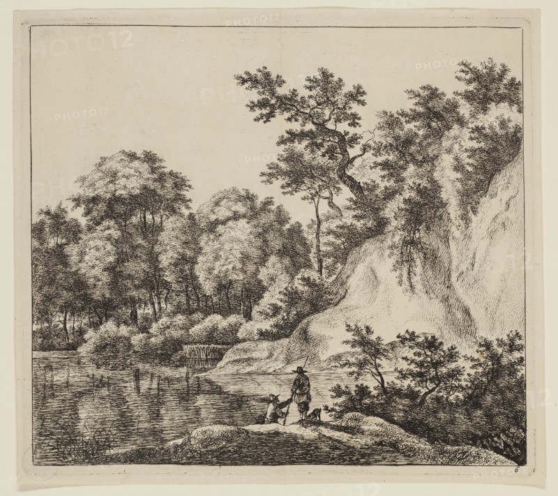 Jan Hackaert, Dutch, 1628 - after 1685, The Large Rock at the Bank of the River, 17th century, etching printed in black ink on laid paper, Plate: 7 7/8 × 8 3/4 inches (20 × 22.2 cm)