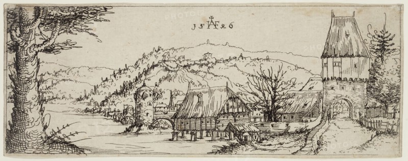 Augustin Hirschvogel, German, 1503-1569, River Landscape with a Village at the Right Shore, 1546, etching printed in black ink on laid paper, Sheet (trimmed within plate mark): 2 1/2 × 6 5/8 inches (6.4 × 16.8 cm)