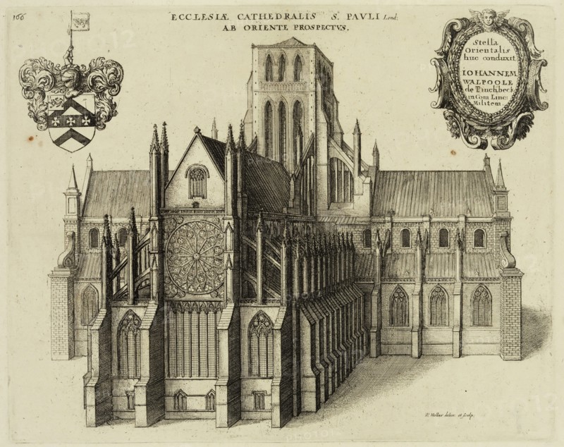 Wenceslaus Hollar, German, 1607-1677, Old Saint Paul's, Exterior: East, ca. 1658, etching printed in black ink on laid paper, Plate: 7 5/8 × 9 1/2 inches (19.4 × 24.1 cm)