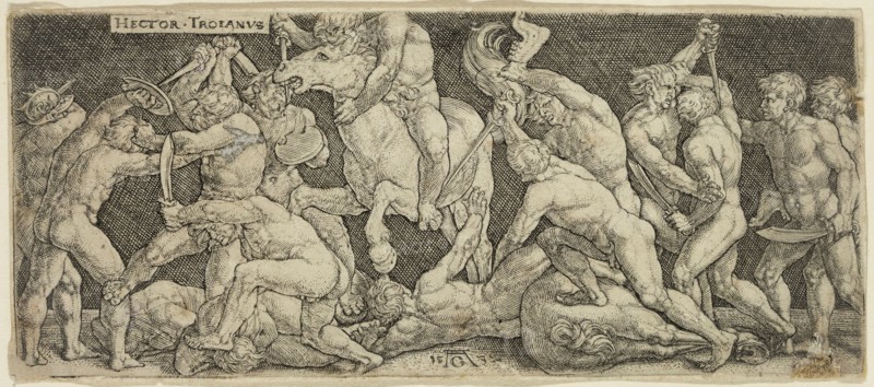 Heinrich Aldegrever, German, 1502-1561, Hector Fighting Against the Greeks, 1532, engraving printed in black ink on laid paper, Plate: 2 1/8 × 5 inches (5.4 × 12.7 cm)