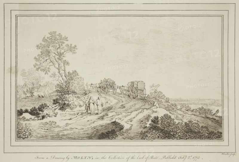 William Baillie, English, 1723-1810, after Pieter Molyn the Elder, Dutch, 1595-1661, Landscape with Wagons Ascending a Hill, 1773, crayon manner engraving printed in black ink on wove paper, Plate: 8 7/8 × 13 inches (22.5 × 33 cm)