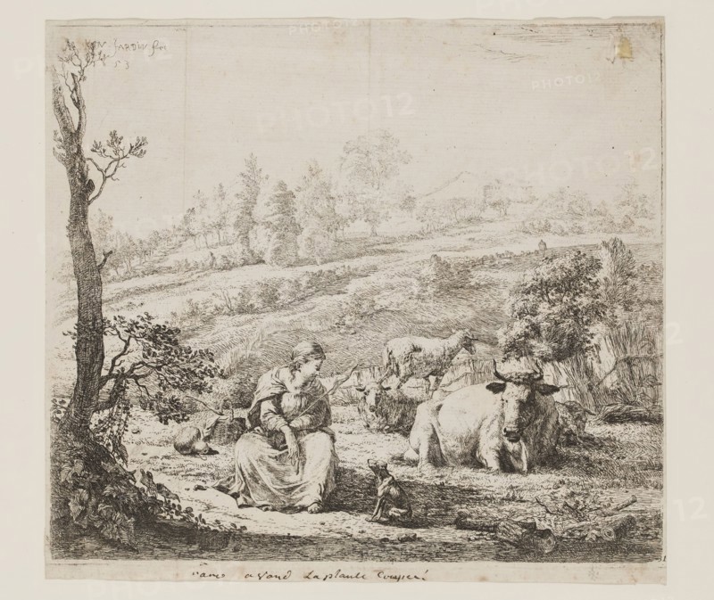 Karel Dujardin, Dutch, 1622-1678, Shepherdess Speaking to Her Dog, 1653, etching printed in black ink on laid paper, Sheet: 7 3/4 × 8 5/8 inches (19.7 × 21.9 cm)