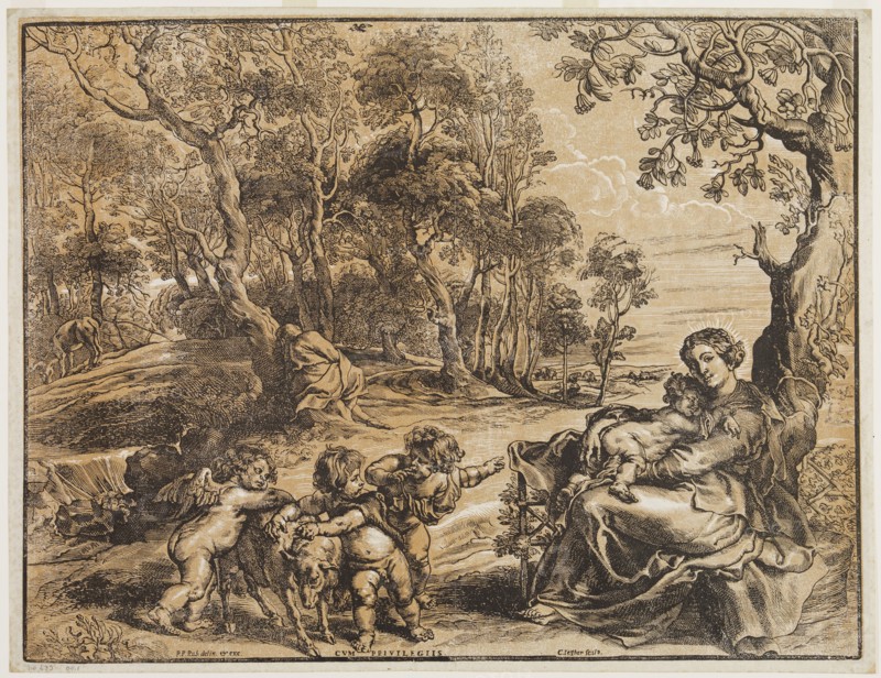 Christoffel Jegher, Flemish, 1596-1653, after Peter Paul Rubens, Flemish, 1577-1640, Rest on the Flight into Egypt, after 1632, chiaroscuro woodcut printed in black and tan ink on cream laid paper, Block: 18 1/4 × 23 3/4 inches (46.4 × 60.3 cm)