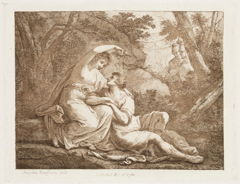 Angelica Kauffmann, Swiss, 1741-1807, Rinaldo and Armida, 1780, etching and aquatint printed in brown ink on laid paper, Plate: 7 × 9 inches (17.8 × 22.9 cm)