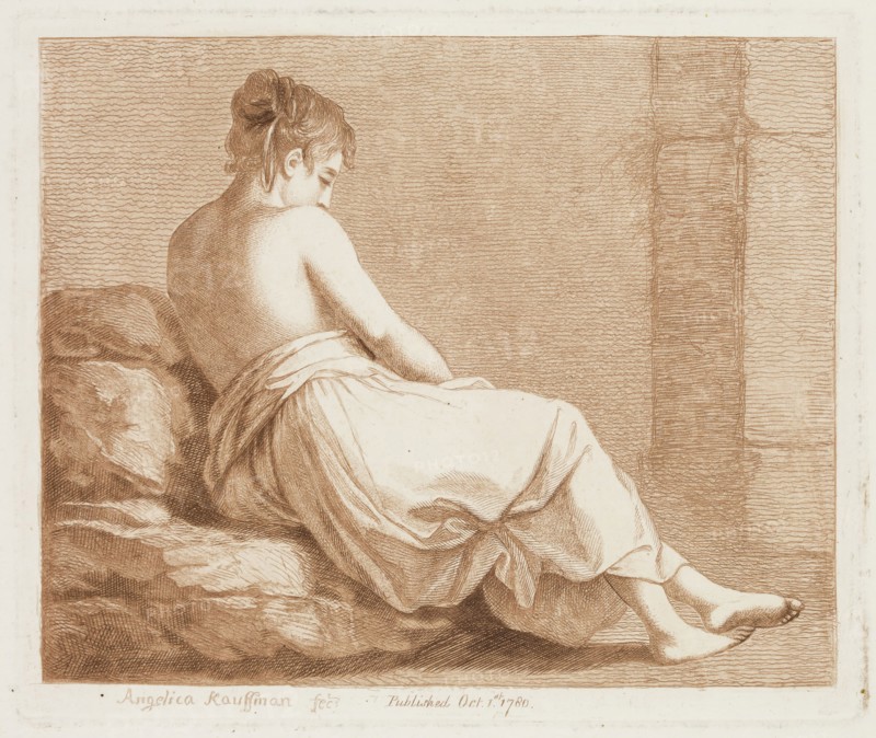 Angelica Kauffmann, Swiss, 1741-1807, Sitting Half Naked Maiden, 1780, etching and aquatint printed in brown ink on laid paper, Plate: 6 1/4 × 7 3/8 inches (15.9 × 18.7 cm)