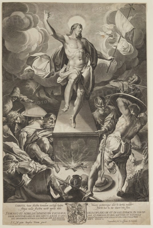 Lucas Kilian, German, 1579-1637, after Josef Heintz, German, 1564-1609, Resurrection of Christ, between 1579 and 1637, engraving printed in black ink on laid paper, Sheet (trimmed within plate mark): 17 1/4 × 11 3/8 inches (43.8 × 28.9 cm)