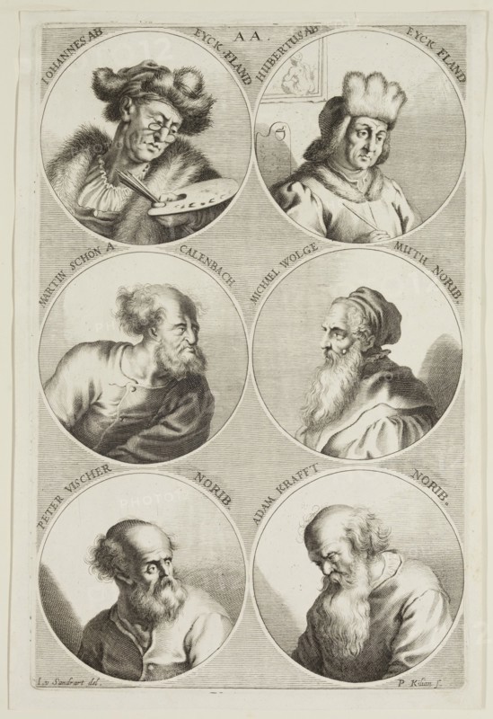 Philipp Kilian, German, 1628-1693, after Joachim von Sandrart I, German, 1606-1688, Portraits of Jan van Eyck, Hubert van Eyck, Martin Schoen, Michael Wolgemuth, Peter Vischer, Adam Krafft, ca. 1683, engraving printed in black ink on laid paper, Plate: 12 3/8 × 8 inches (31.4 × 20.3 cm)