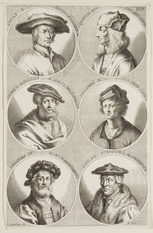 Philipp Kilian, German, 1628-1693, after Joachim von Sandrart I, German, 1606-1688, Portraits of Lucas Van Leyden, Quintin Metsys, Heinrich Aldegraver, Johannes a Calchar, Johannes de Mabuse, Iohan Schoorl, ca. 1683, engraving printed in black ink on laid paper, Plate: 12 1/4 × 7 7/8 inches (31.1 × 20 cm)