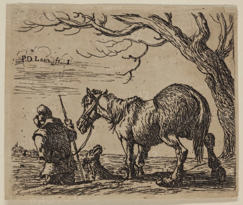 Pieter de Laer, Dutch, 1592-1642, Peasant Leading a Horse, between 1592 and 1642, etching printed in black ink on laid paper, Plate: 3 1/8 × 3 3/4 inches (7.9 × 9.5 cm)