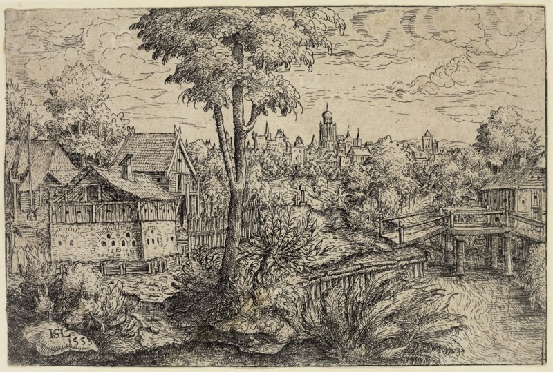 Hans Sebald Lautensack, German, 1524-1560, Landscape with a Farm and a Wooden Bridge, 1553, etching printed in black ink on laid sheet, Sheet (trimmed within plate mark): 4 3/8 × 6 5/8 inches (11.1 × 16.8 cm)
