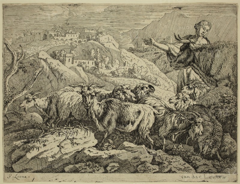 Govaert van der Leeuw, Dutch, 1645-1688, The Shepherdess with the Herd, 17th century, etching printed in black ink on laid paper, Sheet (trimmed within plate mark): 6 3/4 × 8 7/8 inches (17.1 × 22.5 cm)
