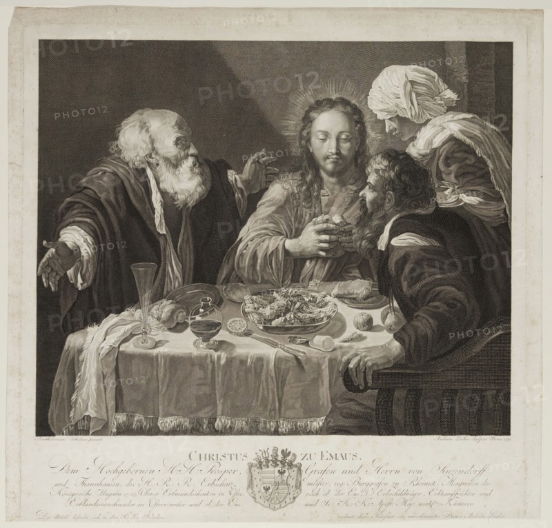 Andreas Leicher, German, 1772-1828, after Bartolomeo Schidone, Italian, 1578-1615, Christ at Emmaus, 1795, engraving printed in black ink on laid paper, Image: 15 5/8 × 18 7/8 inches (39.7 × 47.9 cm)