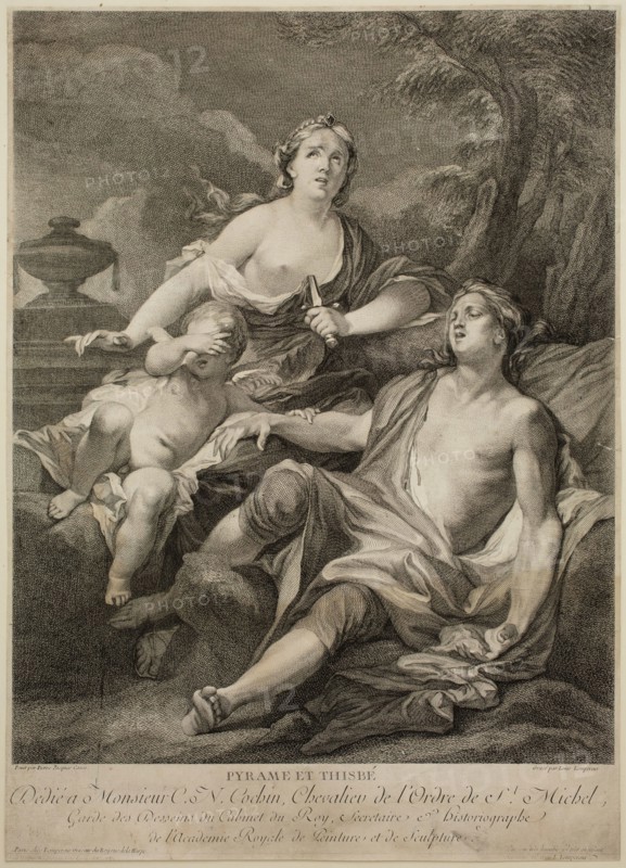 Louis Simon Lempereur, French, 1728-1807, after Pierre Jacques Cazes, French, 1676-1754, Pyrame et Thisbe, 18th/19th Century, Etching and engraving printed in black on laid paper, sheet trimmed within plate mark:
