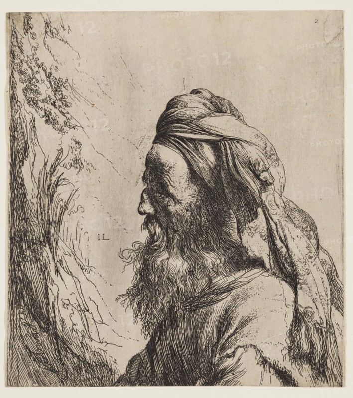 Jan Lievens, Dutch, 1607-1674, Bust of a Bearded Oriental Man with Turban, 17th century, etching printed in black ink on laid paper, Sheet (trimmed within plate mark): 6 3/8 × 5 3/4 inches (16.2 × 14.6 cm)