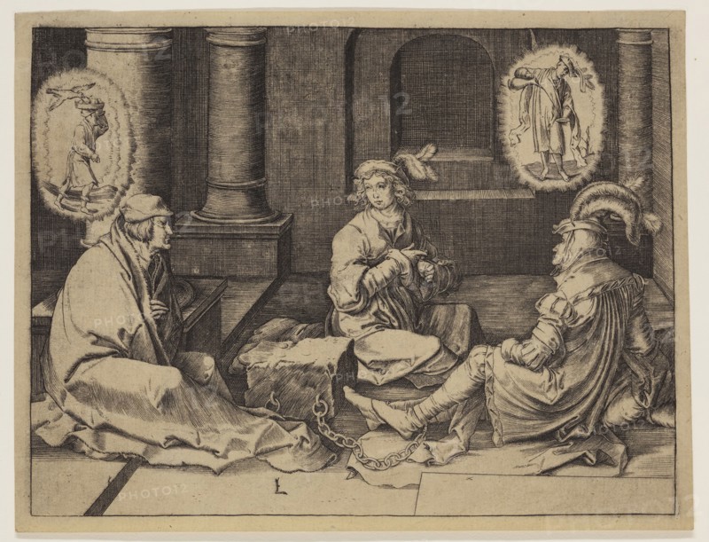 Lucas van Leyden, Netherlandish, 1494-1533, Joseph Interpreting the Dreams in Prison, 1512, Engraving printed in black ink on wove paper, Sheet (trimmed within plate mark): 5 1/8 × 6 3/4 inches (13 × 17.1 cm)