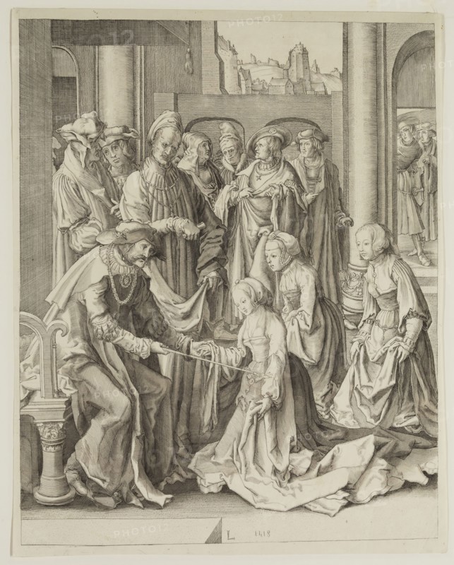 Unknown (Dutch), after Lucas van Leyden, Netherlandish, 1494-1533, Esther Before Ahasuerus, 19th century, etching and aquatint printed in black ink on wove paper, Sheet (trimmed within plate mark): 11 1/8 × 8 7/8 inches (28.3 × 22.5 cm)