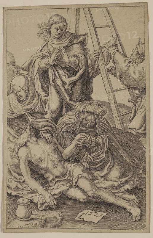 Unknown (Dutch), after Lucas van Leyden, Netherlandish, 1494-1533, The Descent from the Cross, between 1521 and 1887, etching and engraving printed in black ink on wove paper, Sheet (trimmed within plate mark): 4 3/4 × 3 inches (12.1 × 7.6 cm)