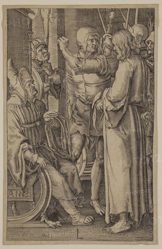 Unknown (Dutch), after Lucas van Leyden, Netherlandish, 1494-1533, Christ before Annas, between 1521 and 1887, etching and engraving printed in black ink on wove paper, Sheet (trimmed within plate mark): 4 1/2 × 2 7/8 inches (11.4 × 7.3 cm)