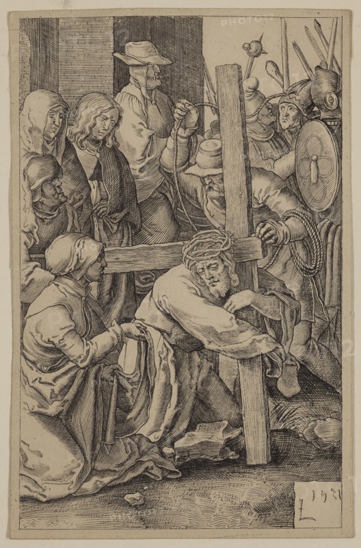 Unknown (Dutch), after Lucas van Leyden, Netherlandish, 1494-1533, The Bearing of the Cross, between 1521 and 1887, etching and engraving printed in black ink on wove paper, Sheet (trimmed within plate mark): 4 5/8 × 3 inches (11.7 × 7.6 cm)