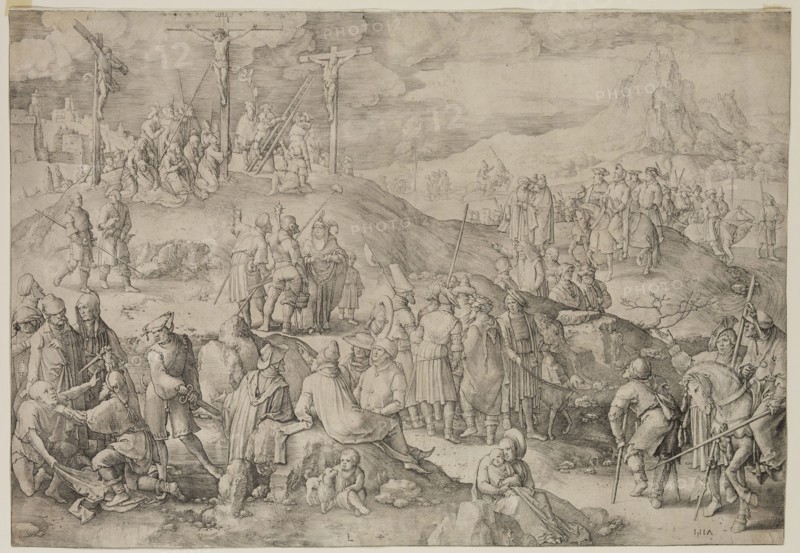 Lucas van Leyden, Netherlandish, 1494-1533, Calvary, 1517, engraving printed in black ink on laid paper, Sheet (trimmed within plate mark): 11 1/8 × 16 1/8 inches (28.3 × 41 cm)