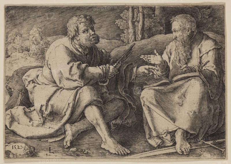 Lucas van Leyden, Netherlandish, 1494-1533, Saint Peter and Saint Paul, 1527, engraving printed in black ink on laid (?) paper, Sheet (trimmed within plate mark): 4 × 5 3/4 inches (10.2 × 14.6 cm)
