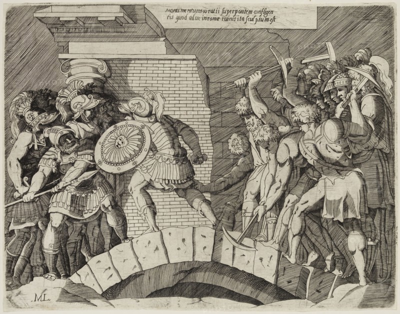 Michele Greco, Italian, 1539-1604, Horatio Cocles Defending the Bridge against the Soldiers of Porsena, between 16th and 17th century, engraving printed in black ink on laid paper, Plate: 9 7/8 × 12 5/8 inches (25.1 × 32.1 cm)