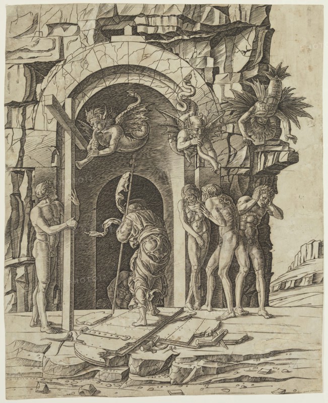 Andrea Mantegna, Italian, 1431-1506, The Descent to Hell, between 1450 and 1500, engraving printed in black ink on laid paper, Sheet (trimmed within plate mark): 16 3/8 × 13 3/8 inches (41.6 × 34 cm)
