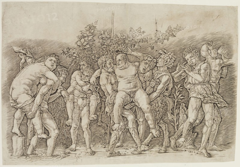 Andrea Mantegna, Italian, 1431-1506, Bacchanal with Silenus, ca. 1490, engraving printed in black ink on laid paper, Sheet (trimmed within plate mark): 12 1/8 × 17 5/8 inches (30.8 × 44.8 cm)
