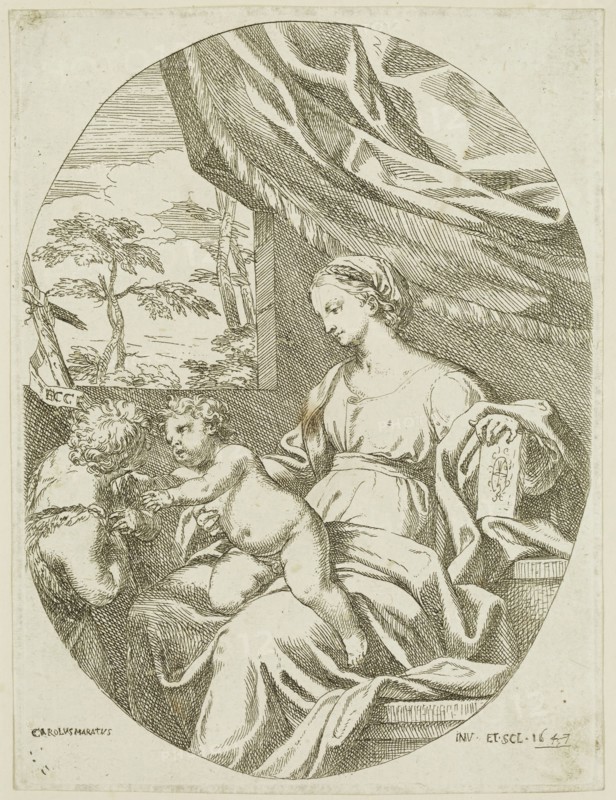 Carlo Maratta, Italian, 1625-1713, Virgin, Child and Saint John, 1647, etching printed in black ink on laid paper, Plate: 6 7/8 × 5 1/8 inches (17.5 × 13 cm)