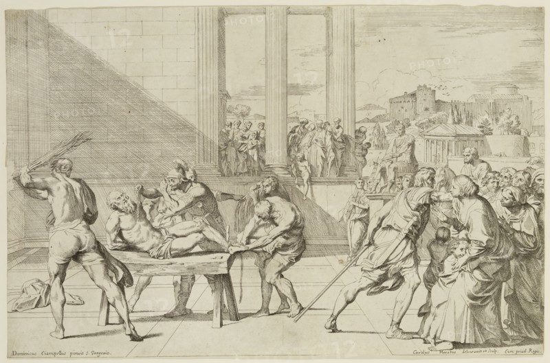 Carlo Maratta, Italian, 1625-1713, after Domenichino Ciampelli, Italian, Flagellation of Saint Andrew, between 17th and 18th century, etching printed in black ink on laid paper, Sheet (trimmed within plate mark): 11 1/8 × 17 1/8 inches (28.3 × 43.5 cm)