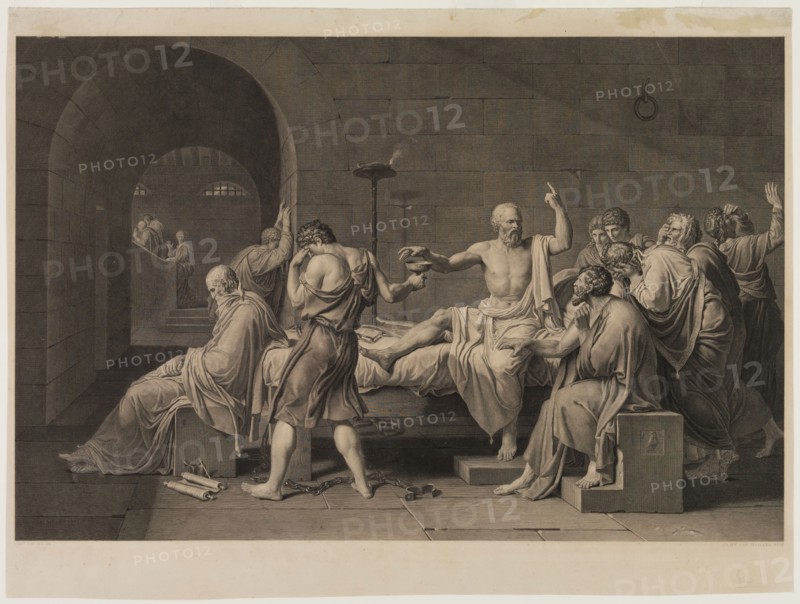 Jean Baptiste Massard, French, 1740-1822, after Jacques Louis David, French, 1748-1825, Mort de Socrate, between mid-18th and early 19th century, Engraving printed in black ink on wove paper, Sheet (trimmed within plate mark): 20 3/4 × 27 5/8 inches (52.7 × 70.2 cm)