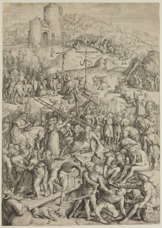 Jacobus Matham, Dutch, 1571-1631, after Albrecht Dürer, German, 1471-1528, The Bearing of the Cross and the Crucifixion, ca. 1615, engraving printed in black ink on laid paper, Sheet (trimmed within plate mark): 21 5/8 × 15 1/4 inches (54.9 × 38.7 cm)