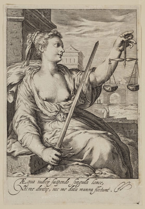 Jacobus Matham, Dutch, 1571-1631, after Hendrick Goltzius, Dutch, 1558-1617, Justice, 1597, engraving printed in black ink on laid paper, Plate: 6 × 4 inches (15.2 × 10.2 cm)