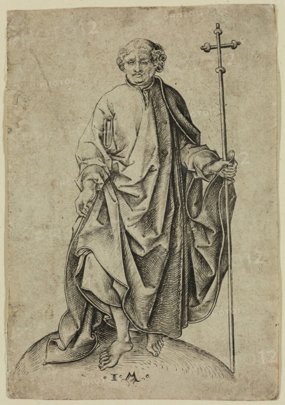 Israhel van Meckenem, German, 1450-1503, after Martin Schongauer, German, 1450-1491, Saint Philip, between 15th and early 16th century, engraving printed in black ink on laid paper, Sheet (trimmed within plate mark): 3 3/4 × 2 5/8 inches (9.5 × 6.7 cm)